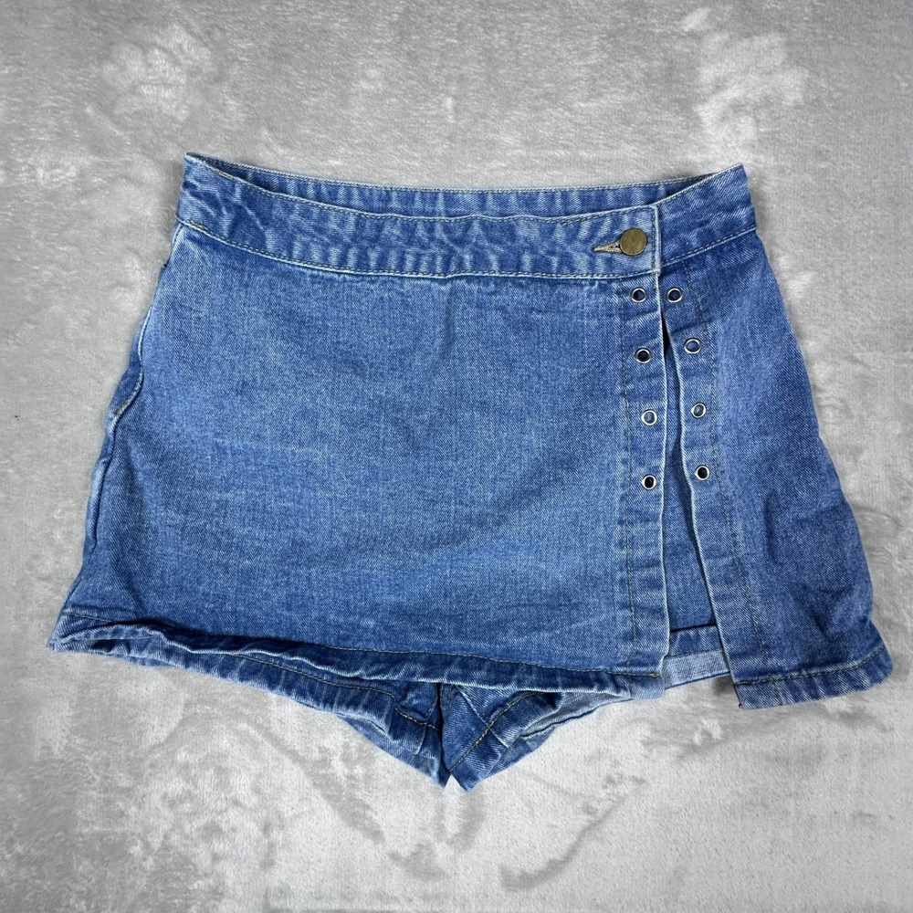 SHEIN Womens Blue Denim Skirt Medium Grommet Detail Asymmetric Overlay Shorts